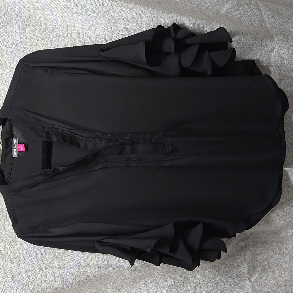 Semi-Sheer Top, Blouse, Black, Vince Camuto, Sm, Pleated Front, Mandarin Collar